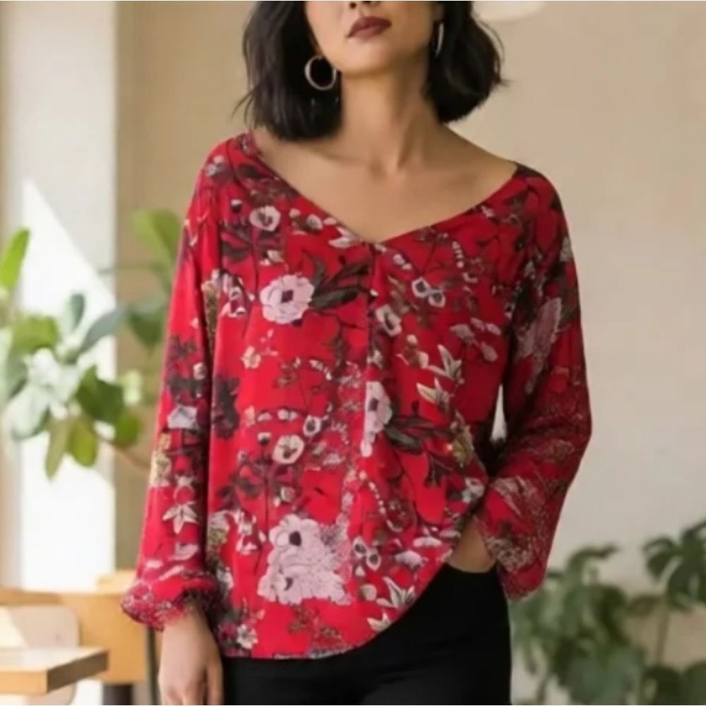 Design Lab Lord & Taylor Flare Sleeves Sheer Floral Flounce Blouse